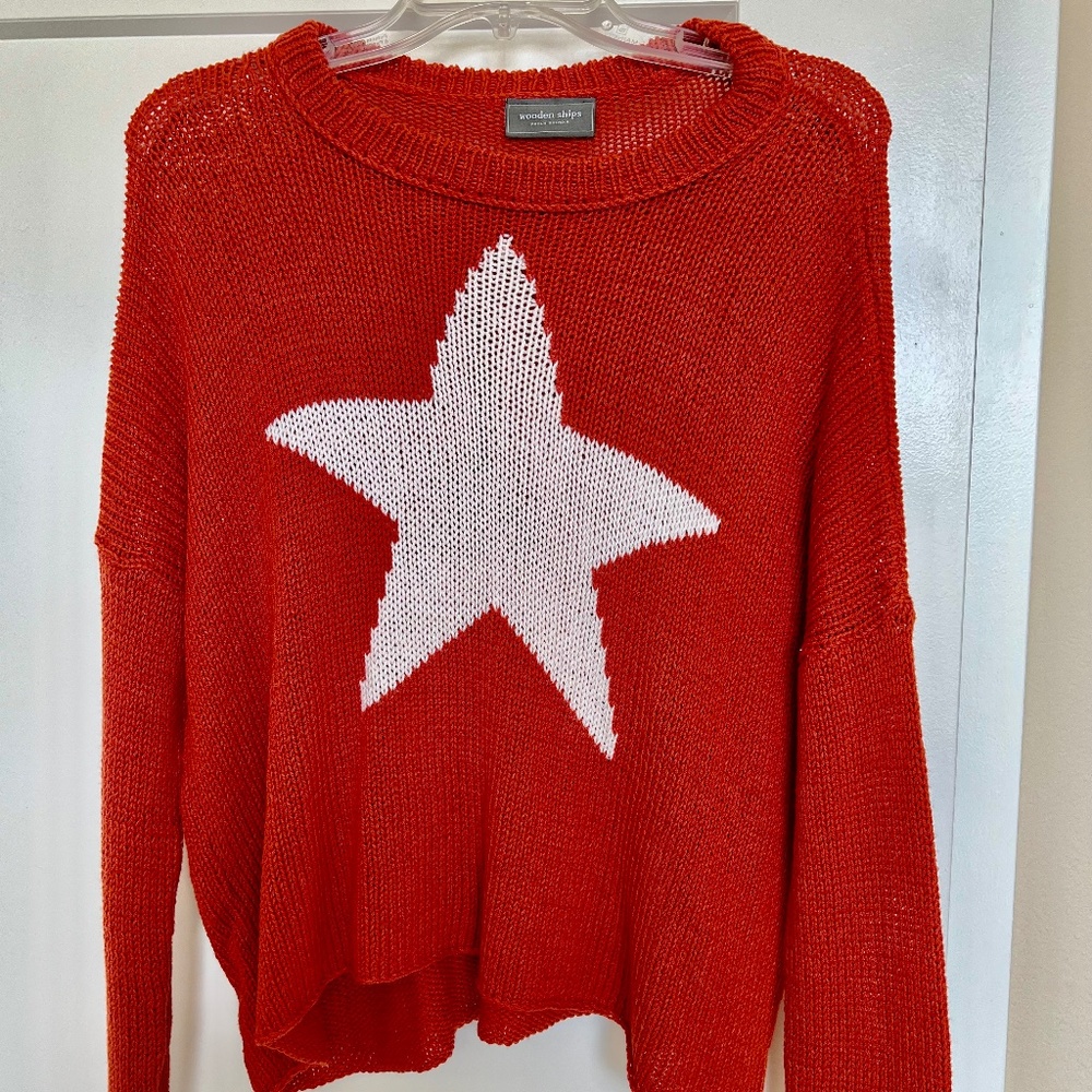 Wooden Ships Sweater, orange with white Lucky star, size S/M